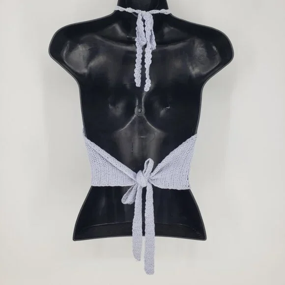 3/$25 Kendall & Kylie Crochet Knit Cropped Halter Top L Boho Backless Ties Blue - Picture 2 of 7